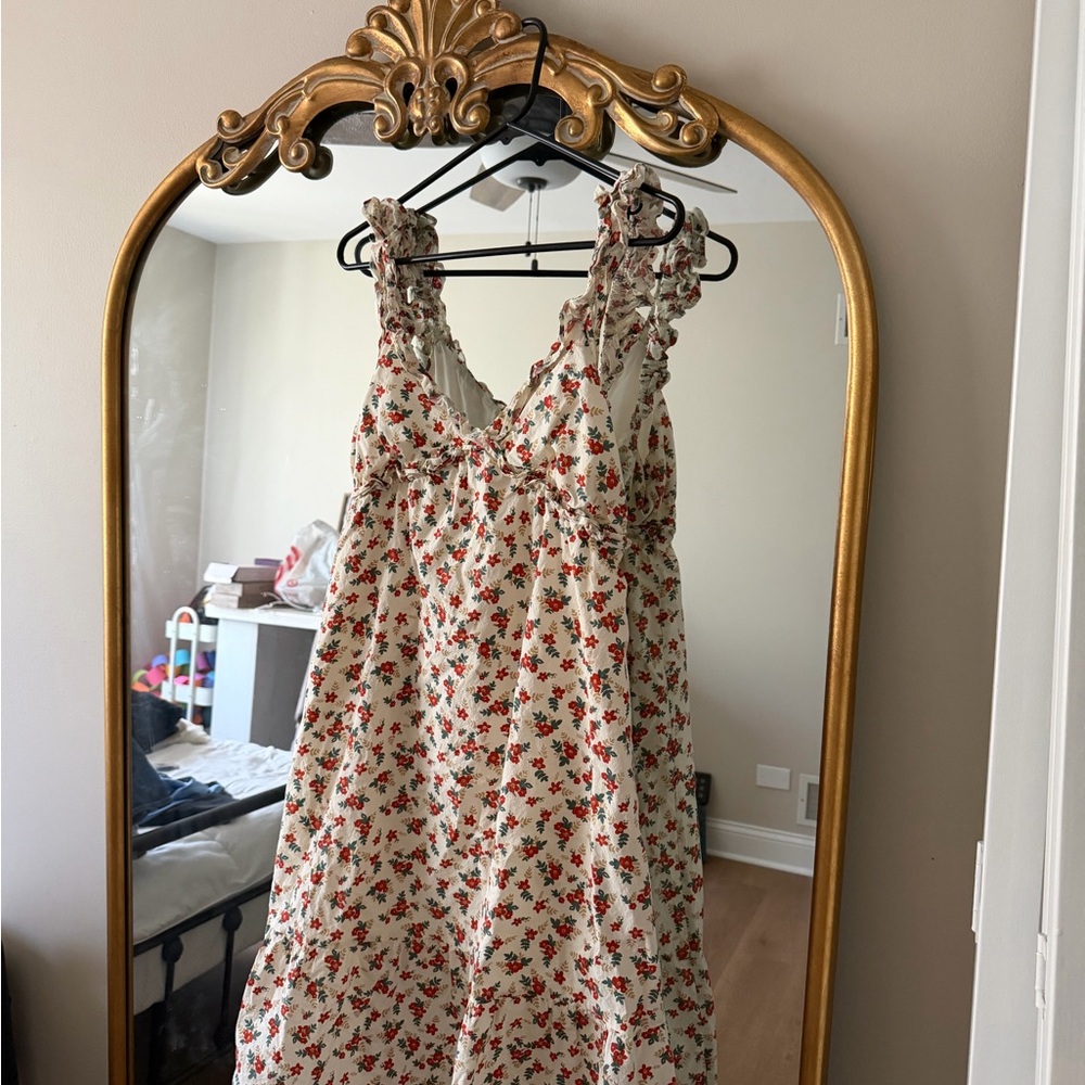 Floral Ruffle-Strap Sundress in Cream and Red
